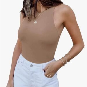 ReoRia High Neck Racerback Sleeveless Bodysuit Tank Top Khaki Tan Brown Size XL